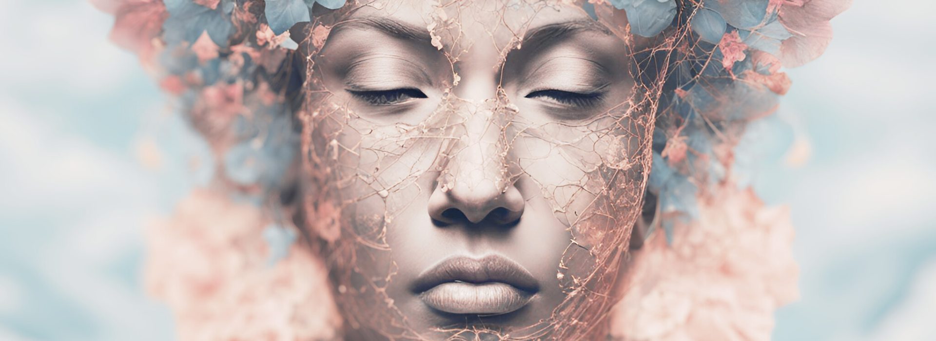 Mujer con flores simbolizando calma y transformación interior.